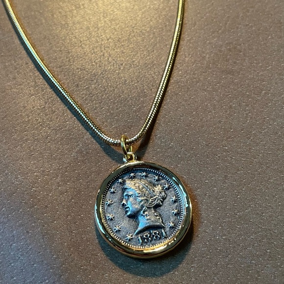 Jewelry - Vintage antique style gold silver plated coin pendant charm necklace snake chain